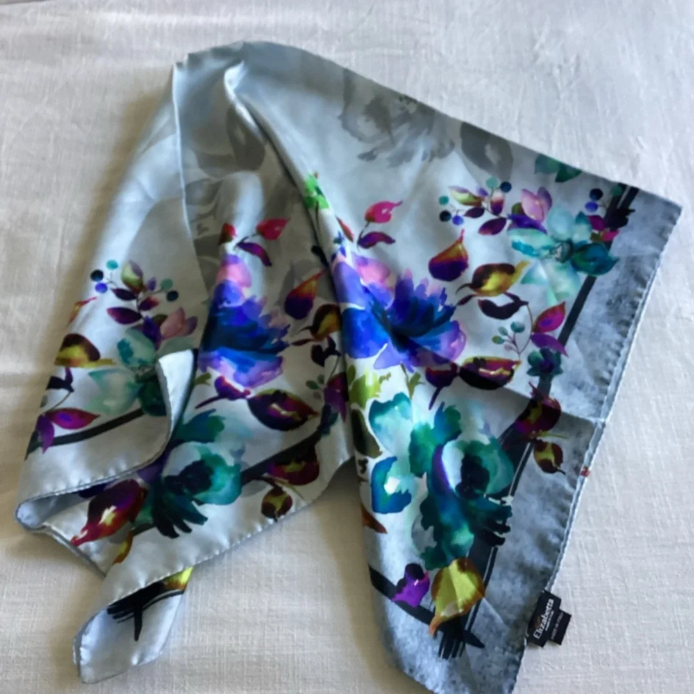 Elizabetta 100% Silk Scarf Blue Floral Italian Botanical Design - Picture 12 of 13